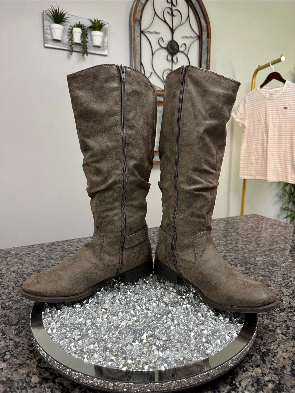 Mossimo Slouchy tall riding Taupe Boots with Side Buckle 8.5